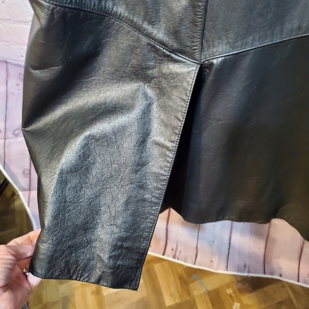VINTAGE 80s LEATHER PELLE BLACK TRENCH COAT - Picture 8 of 11